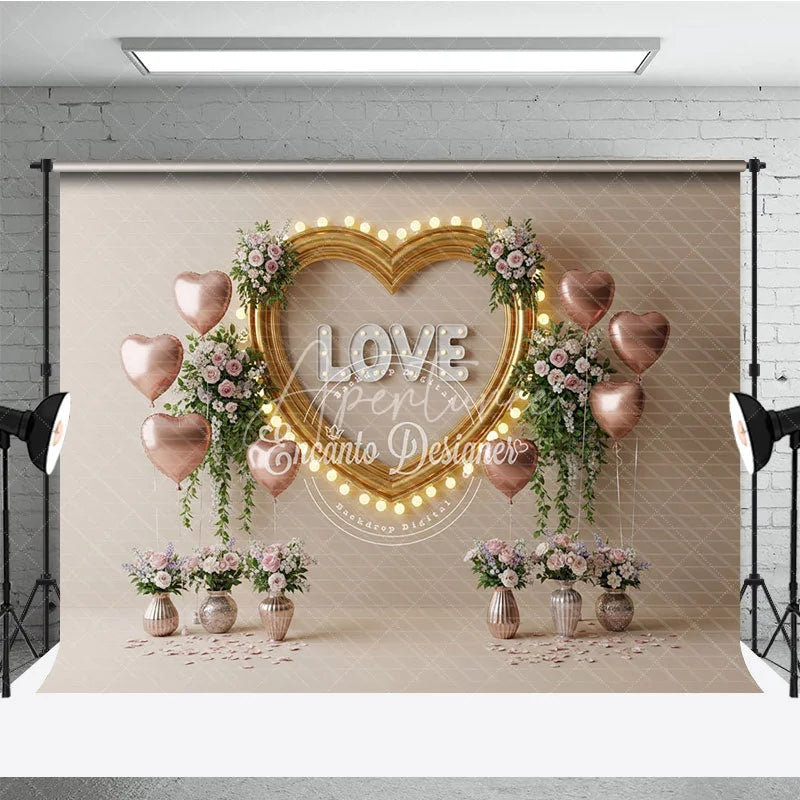 Aperturee - Aperturee Gold Heart Frame Marquee Lights Backdrop LOVE Letters Pink Balloons Floral Background Romantic Photography Banner