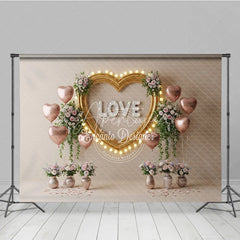 Aperturee - Aperturee Gold Heart Frame Marquee Lights Backdrop LOVE Letters Pink Balloons Floral Background Romantic Photography Banner