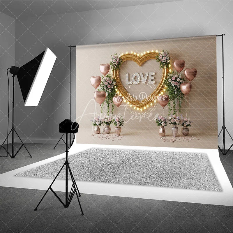 Aperturee - Aperturee Gold Heart Frame Marquee Lights Backdrop LOVE Letters Pink Balloons Floral Background Romantic Photography Banner