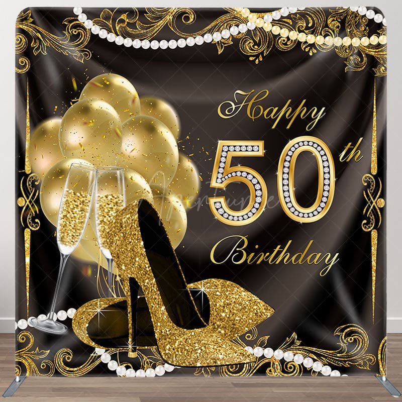 Aperturee - Aperturee Gold Heels Balloons Fabric Backdrop Cover for Birthday