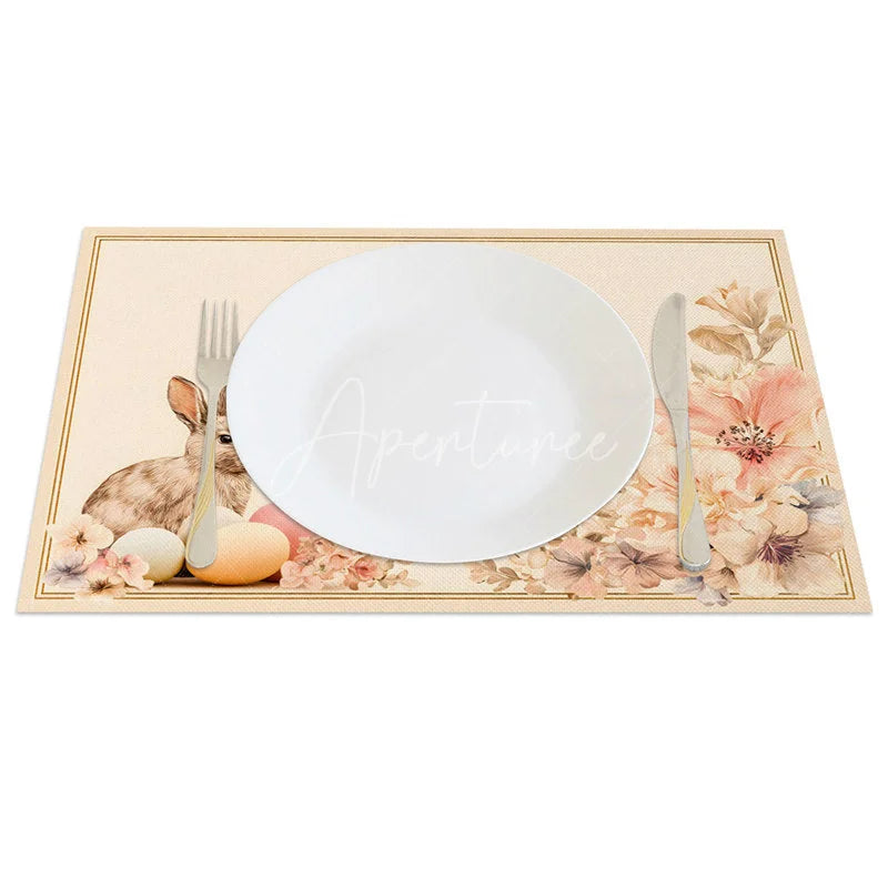 Aperturee - Aperturee Gold Line Easter Bunny Set of 4 Placemats Pink Flower Rabbit Egg Table Mats for Holiday Party