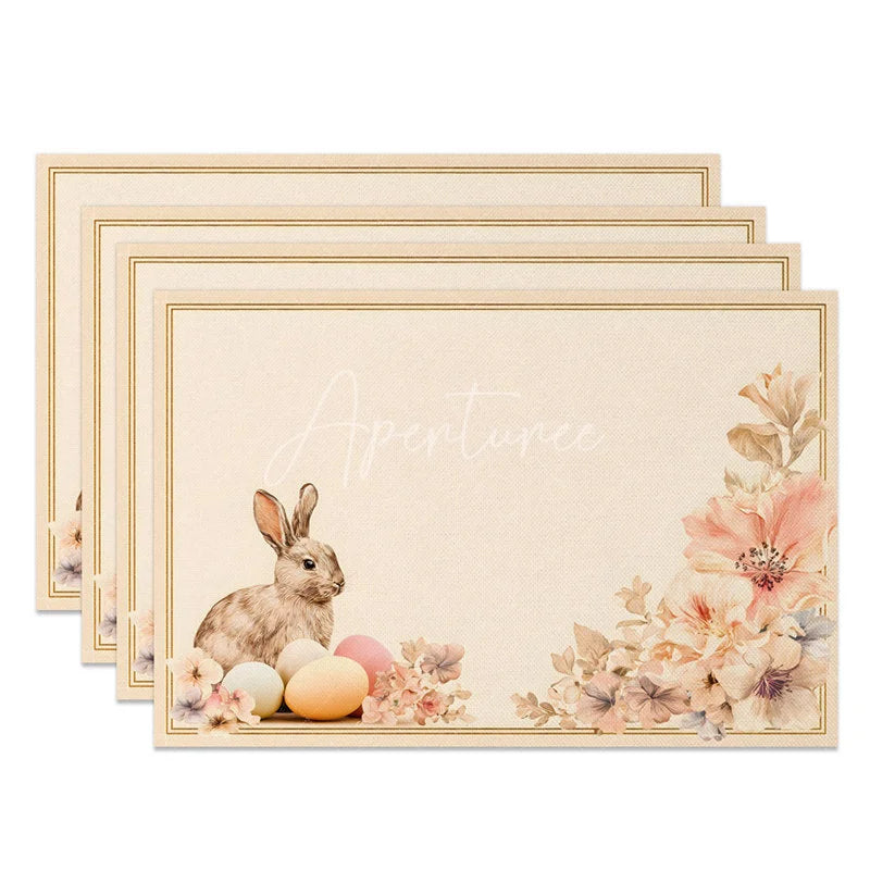 Aperturee - Aperturee Gold Line Easter Bunny Set of 4 Placemats Pink Flower Rabbit Egg Table Mats for Holiday Party