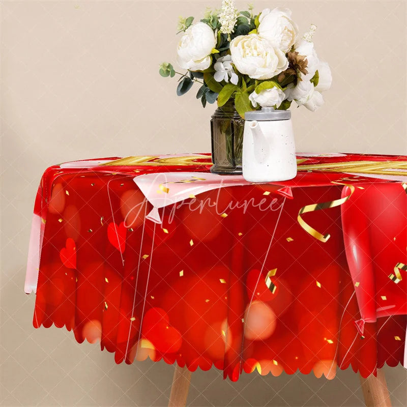 Aperturee - Aperturee Gold Love Balloon Confetti Round Tablecloth Festive Red Ribbon Table Cover for Anniversary