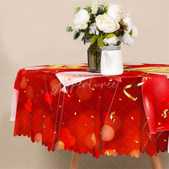 Aperturee - Aperturee Gold Love Balloon Confetti Round Tablecloth Festive Red Ribbon Table Cover for Anniversary