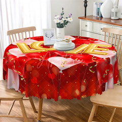 Aperturee - Aperturee Gold Love Balloon Confetti Round Tablecloth Festive Red Ribbon Table Cover for Anniversary