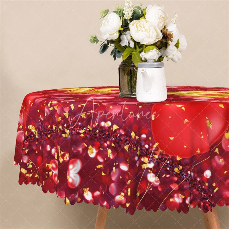 Aperturee - Aperturee Gold Love Red Balloon Round Tablecloth Festive Heart Bokeh Table Cover for Anniversary