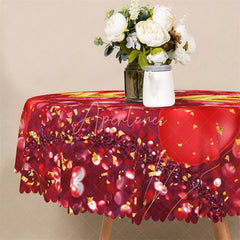 Aperturee - Aperturee Gold Love Red Balloon Round Tablecloth Festive Heart Bokeh Table Cover for Anniversary