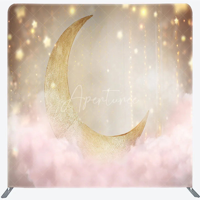 Aperturee - Aperturee Gold Moon Tension Fabric Backdrop Pink Clouds Starry Sky Decor Twinkle Little Star Theme Background for Baby Shower