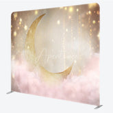 Aperturee - Aperturee Gold Moon Tension Fabric Backdrop Pink Clouds Starry Sky Decor Twinkle Little Star Theme Background for Baby Shower