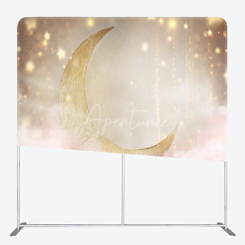 Aperturee - Aperturee Gold Moon Tension Fabric Backdrop Pink Clouds Starry Sky Decor Twinkle Little Star Theme Background for Baby Shower