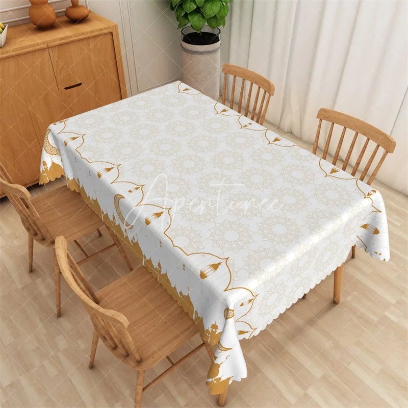 Aperturee - Aperturee Gold Ramadan Kareem Mosque Silhouette Rectangle Tablecloth Islamic Eid Mubarak Pattern Table Cover for Home