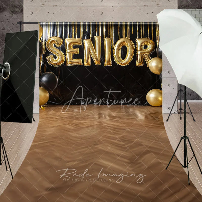 Aperturee - Aperturee Gold Senior Balloons Graduation Photography Backdrop Black Fringe and Wooden Floor Sweep Studio Background