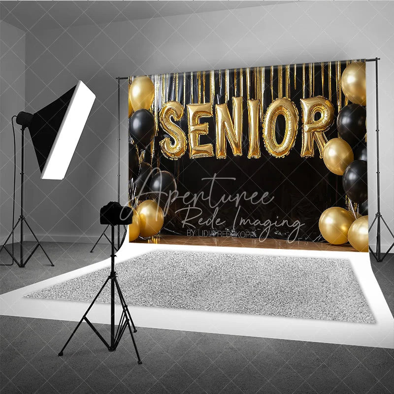 Aperturee - Aperturee Gold Senior Balloons Graduation Photography Backdrop Black Fringe Tinsel and Balloons Background
