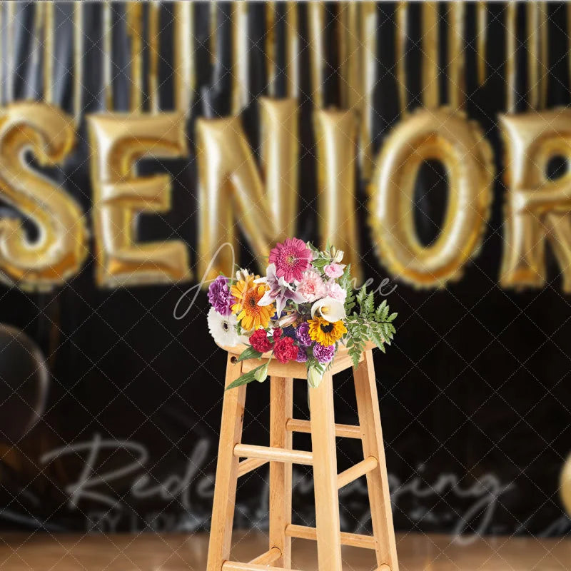 Aperturee - Aperturee Gold Senior Balloons Graduation Photography Backdrop Black Fringe Tinsel and Balloons Background