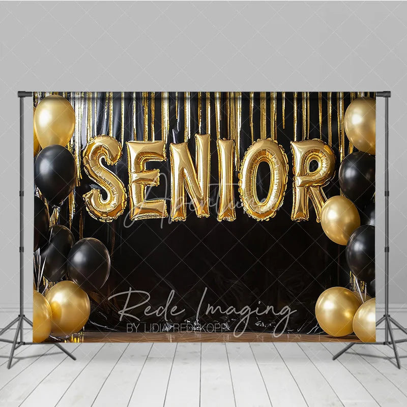 Aperturee - Aperturee Gold Senior Balloons Graduation Photography Backdrop Black Fringe Tinsel and Balloons Background