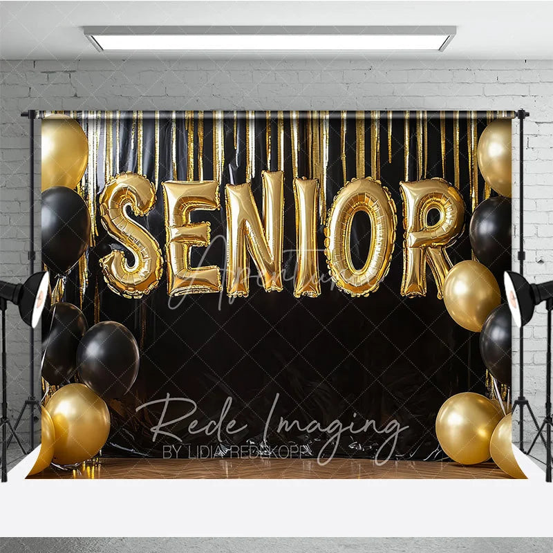 Aperturee - Aperturee Gold Senior Balloons Graduation Photography Backdrop Black Fringe Tinsel and Balloons Background