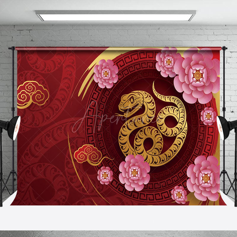 Aperturee - Aperturee Gold Snake Auspicious Clouds Floral New Year Backdrop