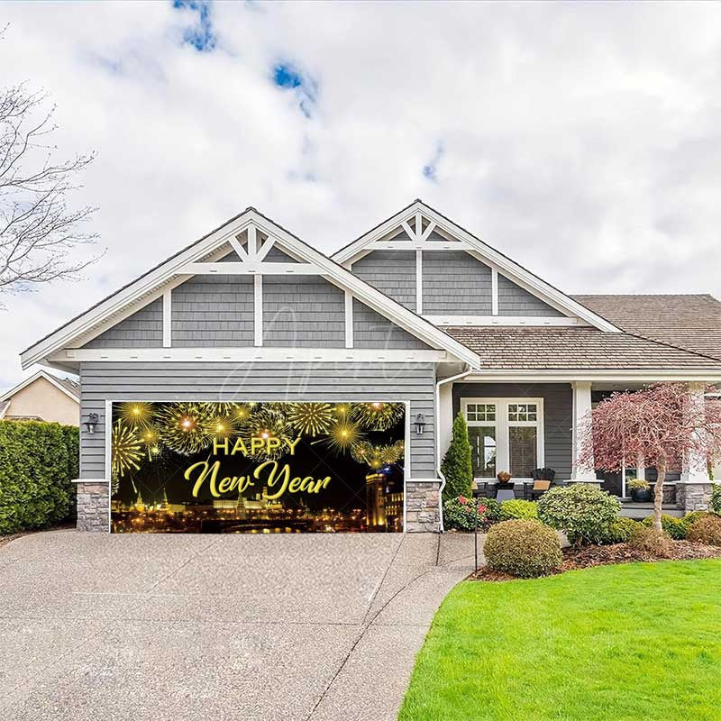 Aperturee - Aperturee Gold Sparkle Night City New Year Garage Door Banner
