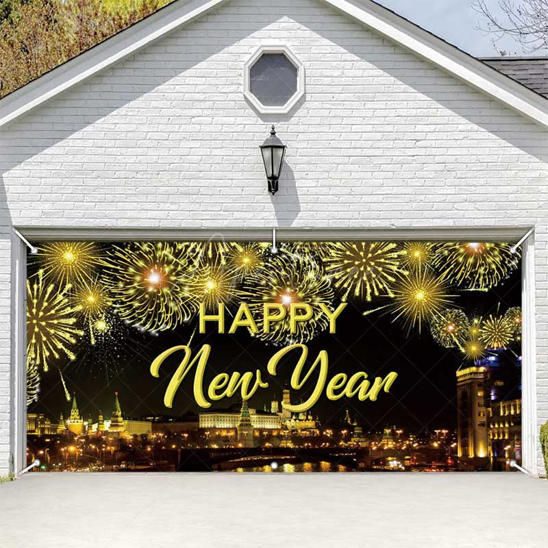 Aperturee - Aperturee Gold Sparkle Night City New Year Garage Door Banner