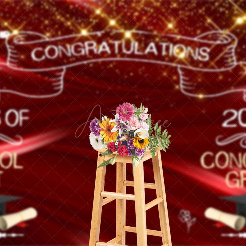 Aperturee - Aperturee Gold Sparkle Red Ribbon Congrats Graduation Backdrop