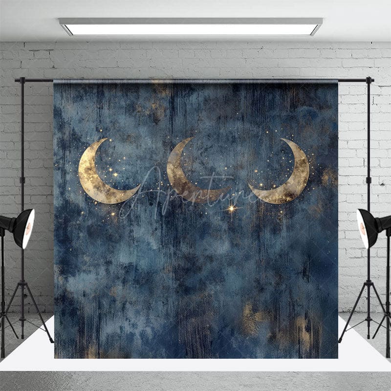 Aperturee - Aperturee Gold Sparkly Moons Blue Abstract Night Photo Backdrop
