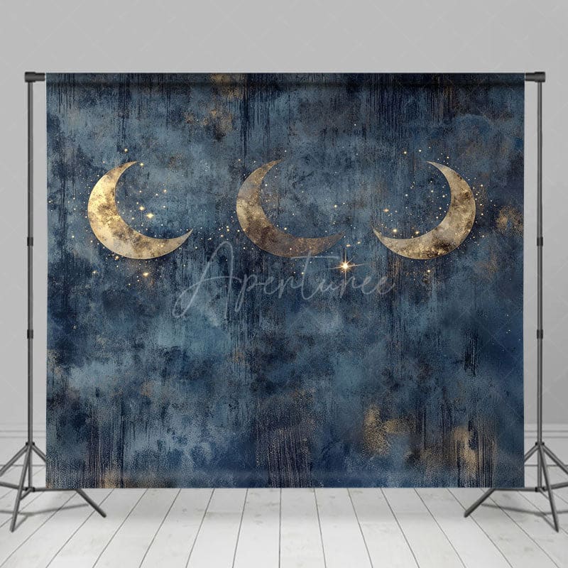 Aperturee - Aperturee Gold Sparkly Moons Blue Abstract Night Photo Backdrop