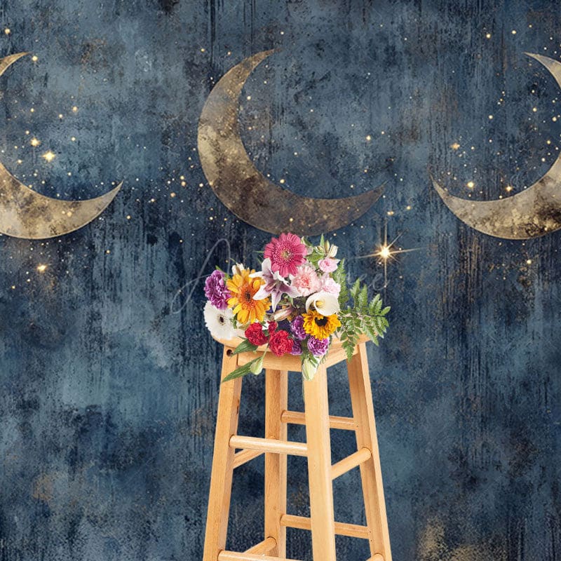 Aperturee - Aperturee Gold Sparkly Moons Blue Abstract Night Photo Backdrop