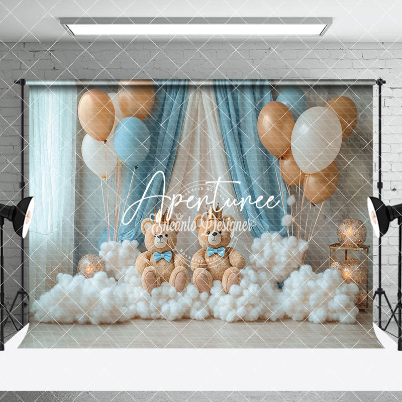 Aperturee - Aperturee Gold White Balloon Bear Cake Smash Room Set Backdrop