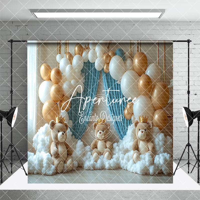 Aperturee - Aperturee Gold White Balloon Bear Cake Smash Room Set Backdrop