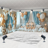 Aperturee - Aperturee Gold White Balloon Bear Cake Smash Room Set Backdrop