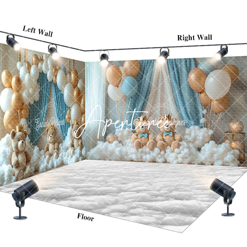 Aperturee - Aperturee Gold White Balloon Bear Cake Smash Room Set Backdrop