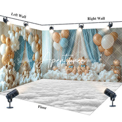 Aperturee - Aperturee Gold White Balloon Bear Cake Smash Room Set Backdrop