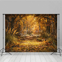 Aperturee - Aperturee Golden Autumn Forest Path Photography Backdrop Enchanting Fall Leaves and Sunlight Scene for Seasonal Photoshoot