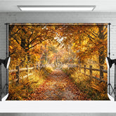 Aperturee - Aperturee Golden Autumn Forest Path Photography Backdrop with Rustic Wooden Fence and Fallen Leaves