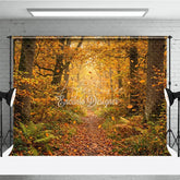 Aperturee - Aperturee Golden Autumn Forest Photography Backdrop with Winding Path Sunlight and Falling Leaves Natural Rustic Scenery