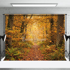 Aperturee - Aperturee Golden Autumn Forest Photography Backdrop with Winding Path Sunlight and Falling Leaves Natural Rustic Scenery