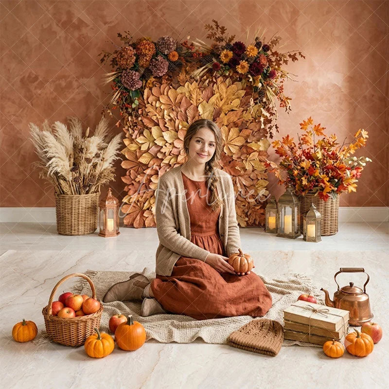 Aperturee - Aperturee Golden Autumn Leaves and Pampas Grass Combo Set Backdrop Rustic Fall Harvest Decor with Lanterns for Photos
