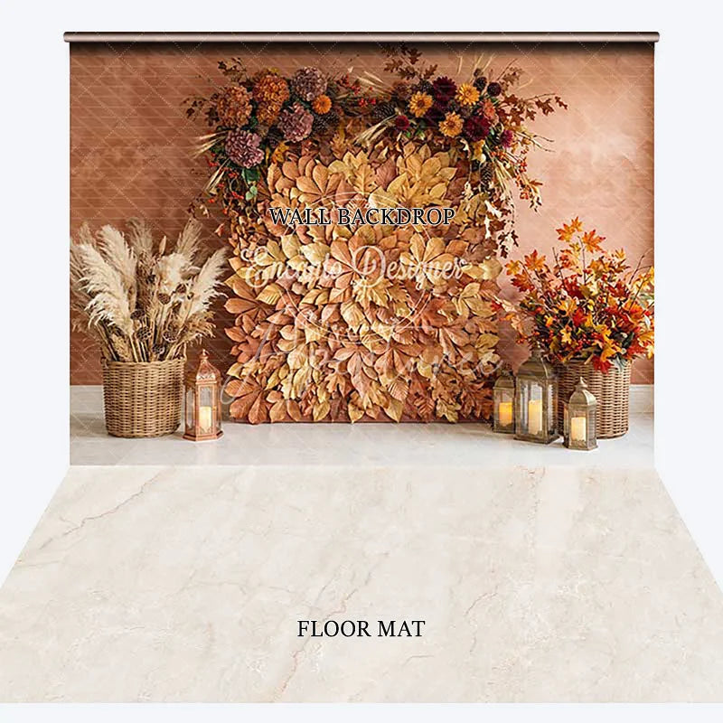 Aperturee - Aperturee Golden Autumn Leaves and Pampas Grass Combo Set Backdrop Rustic Fall Harvest Decor with Lanterns for Photos