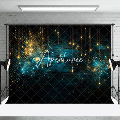 Aperturee - Aperturee Golden Blue Sparkling Lights Photography Backdrop Dark Wood Texture with Bokeh Effect for Festive Celebrations