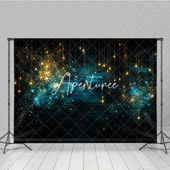 Aperturee - Aperturee Golden Blue Sparkling Lights Photography Backdrop Dark Wood Texture with Bokeh Effect for Festive Celebrations