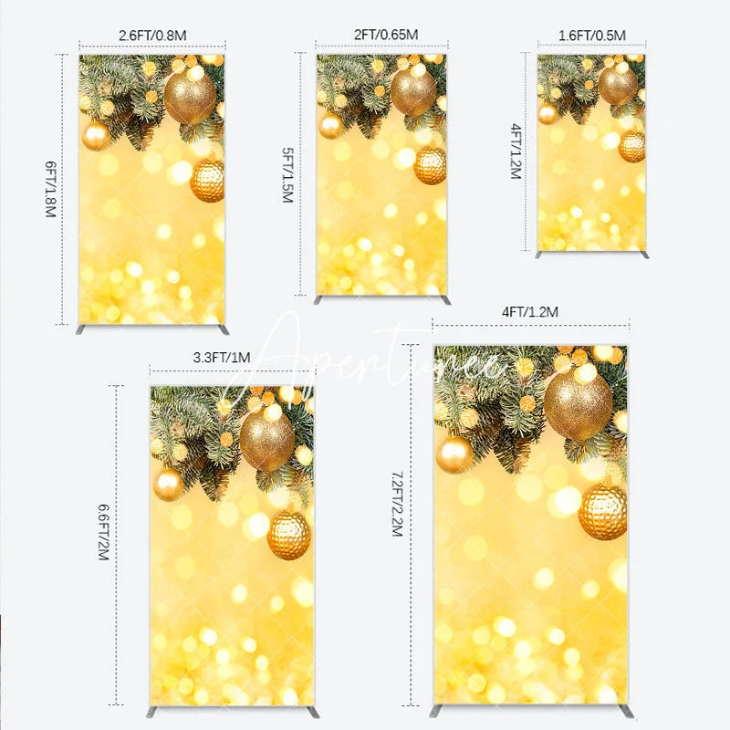 Aperturee - Aperturee Golden Christmas Ornaments and Pine Branches Rectangle Arch Backdrop Festive Holiday Bokeh Lights Party Decor