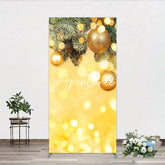 Aperturee - Aperturee Golden Christmas Ornaments and Pine Branches Rectangle Arch Backdrop Festive Holiday Bokeh Lights Party Decor