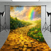 Aperturee - Aperturee Golden Coins Path Backdrop Rainbow and Lucky Clover Field Landscape St Patricks Day Photography Background