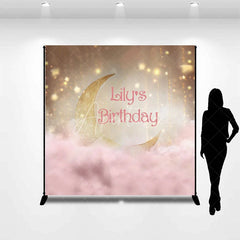 Aperturee - Aperturee Golden Crescent Moon and Pink Clouds Custom Birthday Backdrop Personalized Name Party Decor with Sparkling Stars