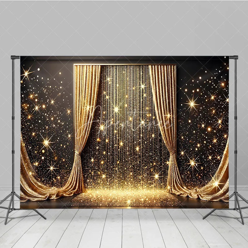 Aperturee - Aperturee Golden Curtains and Sparkling Glitter Photography Backdrop Elegant Starburst Celebration Party Decor