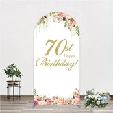 Aperturee - Aperturee Golden Glitter 70th Happy Birthday Round Top Arch Backdrop Pink Floral Watercolor Design