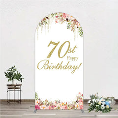 Aperturee - Aperturee Golden Glitter 70th Happy Birthday Round Top Arch Backdrop Pink Floral Watercolor Design