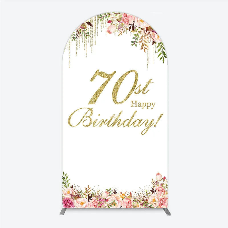 Aperturee - Aperturee Golden Glitter 70th Happy Birthday Round Top Arch Backdrop Pink Floral Watercolor Design