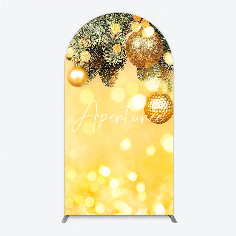 Aperturee - Aperturee Golden Glitter Christmas Ornaments and Fir Branches Round Top Arch Backdrop Festive Holiday Party Decor