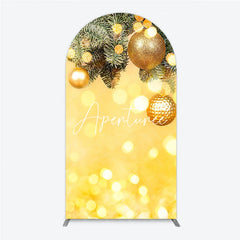 Aperturee - Aperturee Golden Glitter Christmas Ornaments and Fir Branches Round Top Arch Backdrop Festive Holiday Party Decor